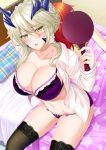  2girls artoria_pendragon_(all) artoria_pendragon_(lancer_alter) bangs bed_sheet black_legwear blush bra braid breasts cleavage dress_shirt fate/grand_order fate_(series) french_braid fujimaru_ritsuka_(female) hair_between_eyes hand_mirror highres horns large_breasts long_hair looking_at_viewer mirror multiple_girls navel on_bed open_clothes open_mouth open_shirt orange_hair panties parted_lips pillow purple_bra purple_panties shibata_rai shirt sidelocks sleeping solo_focus swept_bangs thigh-highs thighs underwear white_shirt yellow_eyes 