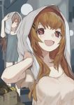  2girls after_shower bangs bottomless breasts brown_hair drying drying_hair expressionless girls_frontline grey_shirt hair_ornament hair_over_one_eye hairclip long_hair looking_at_viewer medium_breasts multiple_girls open_mouth scar scar_across_eye shirt standing star star-shaped_pupils symbol-shaped_pupils towel ump45_(girls_frontline) ump9_(girls_frontline) vicious_kage violet_eyes yellow_eyes 