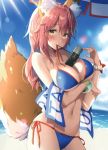  1girl absurdres animal_ears bangs bare_shoulders beach beach_towel between_breasts bikini blue_bikini blue_sky blush bracelet breast_hold breasts cleavage clouds cloudy_sky collarbone contrapposto cowboy_shot day eyebrows_visible_through_hair fate/grand_order fate_(series) fox_ears fox_tail highres jewelry large_breasts long_hair looking_at_viewer masuishi_kinoto mouth_hold navel outdoors pink_hair ribbon ribbon_in_mouth scan shiny shiny_clothes side-tie_bikini sky smile solo standing sunlight sweat sweatdrop swimsuit tail tamamo_(fate)_(all) tamamo_no_mae_(swimsuit_lancer)_(fate) towel under_boob water wet wet_hair yellow_eyes 