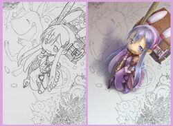  1girl book clouds comparison drawing foreshortening hairband looking_at_viewer minigirl nib_pen_(object) open_mouth original pen purple purple_hair purple_hairband sidelocks smile tsukushi_akihito violet_eyes 