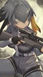  1girl belt bird_wings blonde_hair collared_shirt cowboy_shot elbow_gloves eyebrows_visible_through_hair firing gloves green_eyes grey_hair guchico gun hair_tie head_wings kemono_friends multicolored_hair necktie pantyhose rifle shirt shoebill_(kemono_friends) short_hair short_sleeves shorts sniper_rifle solo uniform weapon wings 