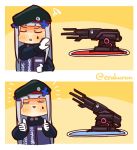  1girl beret cannon chibi closed_eyes drake_(rapper) drakeposting girls_frontline gloves happy hat hk416_(girls_frontline) lcron solo thumbs_up twitter_username 