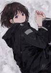  1girl blue_eyes brown_hair commentary_request highres jacket looking_at_viewer lying maoyasumisumi on_ground on_side original short_hair snow solo 