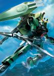  blue_sky clouds day forbidden_gundam glowing glowing_eyes gun gundam gundam_seed harunori_oogami highres holding holding_weapon hose looking_at_viewer mecha no_humans outdoors scythe shield sky water weapon 