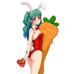  1girl animal_ears aqua_hair ass bare_legs bare_shoulders blush body_pillow bow bowtie box breasts bunny_girl bunny_tail bunnysuit carrot carrot_pillow chocolate chocolate_heart closed_mouth commentary detached_collar eating elf english_commentary fake_animal_ears female food hairband heart highres holding holding_chocolate holding_food huyase legs leotard long_hair looking_at_viewer looking_back medium_breasts neck pink_eyes pointy_ears rabbit_ears red_leotard red_neckwear serious shiny shiny_hair shiny_skin simple_background solo standing strapless strapless_leotard tail two_side_up valentine white_background white_bunny_ears wrist_cuffs 