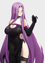  1girl bare_shoulders black_dress black_gloves black_legwear breasts cleavage cleavage_cutout covered_navel cowgirl_position dress elbow_gloves eyebrows_visible_through_hair eyes_visible_through_hair fate/stay_night fate_(series) forehead garter_straps glasses gloves grey-framed_eyewear grey_background hand_up hayabusa highres large_breasts long_hair looking_at_viewer parted_lips pelvic_curtain purple_hair rider semi-rimless_eyewear signature simple_background sleeveless sleeveless_dress smile solo straddling straight_hair thigh-highs under-rim_eyewear v-shaped_eyebrows very_long_hair violet_eyes 