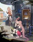  2019 2girls anniversary asymmetrical_clothes asymmetrical_legwear bare_shoulders baseball_cap bird blonde_hair blue_eyes boots cat cevio chair city coffee_cup commentary crop_top cup detached_sleeves disposable_cup e.tag graffiti hat highres holding holding_cup ia_(vocaloid) light_smile long_hair looking_at_viewer luggage mask_pull multiple_girls one_(cevio) open_mouth outdoors payphone phone plant short_hair sidewalk sign sitting skirt sparrow stairs star sunglasses swivel_chair thigh-highs very_long_hair vocaloid walking warning_sign 