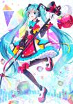  1girl aqua_bow aqua_eyes aqua_hair balloon black_legwear bow cube detached_sleeves hair_ornament hatsune_miku highres holding holding_staff long_hair long_sleeves looking_at_viewer magical_mirai_(vocaloid) megaphone neckwear nicolestar open_mouth red_bow skirt smile solo staff standing standing_on_one_leg thigh-highs twintails very_long_hair vocaloid yellow_bow 