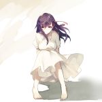  1girl barefoot dress fate/stay_night fate_(series) floating_hair full_body hair_between_eyes hair_ribbon hyakuhachi_(over3) long_dress long_hair looking_at_viewer matou_sakura purple_hair red_ribbon ribbon short_sleeves simple_background sitting smile solo sundress twitter_username violet_eyes white_background white_dress 