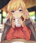  1girl asagimu_(tsuktsuk) black_jacket blonde_hair blue_eyes blurry blurry_background blush breasts closed_mouth coffee_mug cup depth_of_field earrings eyebrows_visible_through_hair fur-trimmed_jacket fur_trim glint heart heart_earrings highres holding holding_cup idolmaster idolmaster_cinderella_girls jacket jacket_on_shoulders jewelry long_hair long_sleeves medium_breasts mug nail_polish ootsuki_yui open_clothes open_jacket red_nails red_sweater smile solo steam sweat sweater table upper_body 