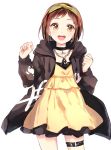  1girl :d absurdres bang_dream! bangs black_choker black_jacket brown_eyes brown_hair chain_necklace choker clenched_hands clothes_writing cowboy_shot dress earrings hairband hands_up hazawa_tsugumi highres hood hood_down hooded_jacket jacket jewelry komachi_narota long_sleeves looking_at_viewer open_mouth paint_stains pendant short_hair simple_background smile solo thigh_strap white_background yellow_dress 