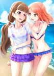  2girls :d arm_behind_back beach bikini bikini_skirt blue_sky breasts brown_hair cleavage clouds collarbone day eye_contact floating_hair frilled_bikini frills hand_on_hip highres houjou_karen idolmaster idolmaster_cinderella_girls idolmaster_cinderella_girls_starlight_stage kamiya_nao long_hair looking_at_another medium_breasts midriff multiple_girls nail_polish navel ntn00a ocean open_mouth orange_hair outdoors purple_bikini purple_skirt red_nails see-through shirt short_sleeves skirt sky smile standing stomach swimsuit tied_shirt twintails very_long_hair violet_eyes wet wet_clothes wet_shirt white_shirt yellow_eyes 