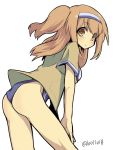  10011018 1girl ass breasts cowboy_shot eyebrows_visible_through_hair from_behind hairband i-26_(kantai_collection) kantai_collection large_breasts light_brown_eyes light_brown_hair long_hair looking_at_viewer school_swimsuit short_sleeves simple_background solo swimsuit twitter_username two-tone_hairband two_side_up white_background 