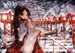  1girl :d bangs bare_tree black_hair brown_eyes commentary_request hair_ornament hair_ribbon hakama japanese_clothes kantai_collection kariginu lamppost long_hair long_sleeves looking_at_viewer miko nisshin_(kantai_collection) open_mouth outdoors parted_bangs ponytail red_hakama red_ribbon ribbon ribbon-trimmed_sleeves ribbon_trim signature smile snow snowing solo stairs standing teeth toka_(marchlizard) tree very_long_hair wide_sleeves winter 