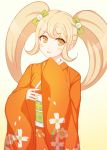  1girl azami194 bangs blonde_hair bow cat_hair_ornament commentary_request dangan_ronpa dangan_ronpa_3 eyebrows_visible_through_hair furisode hair_between_eyes hair_bow hair_ornament japanese_clothes kimono long_hair long_sleeves looking_at_viewer obi orange_kimono saionji_hiyoko sash simple_background solo super_dangan_ronpa_2 twintails white_background wide_sleeves yellow_eyes 