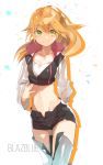  1girl black_shorts blazblue blonde_hair boots breasts cleavage collarbone copyright_name eyebrows_visible_through_hair floating_hair green_eyes hair_between_eyes hyakuhachi_(over3) long_hair long_sleeves looking_at_viewer midriff navel noel_vermillion short_shorts shorts simple_background sketch small_breasts smile solo standing stomach thigh-highs thigh_boots very_long_hair white_background white_footwear white_sleeves zettai_ryouiki 