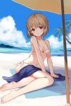  1girl bare_arms bare_legs bare_shoulders barefoot beach bikini blue_sky blue_towel blush braid breasts brown_hair clouds cloudy_sky collarbone commentary_request dot_nose eyebrows_visible_through_hair hagiwara_yukiho hand_on_ground idolmaster idolmaster_(classic) looking_at_viewer mountain navel occhan_(11715) ocean outdoors palm_tree red_ribbon ribbon sand shade short_hair sitting sitting_on_ground sky small_breasts smile solo swimsuit towel tree twin_braids water white_bikini white_ribbon 