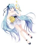  1girl agonasubi aqua_eyes aqua_hair blush bouquet dress flower full_body hatsune_miku highres jewelry long_hair necklace simple_background solo strapless strapless_dress tulip twintails very_long_hair vocaloid white_background 