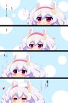  1girl 4koma :&lt; :3 :o absurdres animal_ears azur_lane bangs blush chibi closed_eyes closed_mouth comic commentary_request eyebrows_visible_through_hair gloves hair_between_eyes hair_ornament hairband hands_up heart highres kurukurumagical laffey_(azur_lane) long_sleeves parted_lips petting rabbit_ears red_eyes red_hairband silver_hair translated twintails white_gloves 