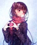  1girl blue_background blush commentary embarrassed enpera eyebrows_visible_through_hair fringe_trim girls_frontline gloves gradient gradient_background hair_ornament heart heart_hands highres jacket jewelry long_hair long_sleeves looking_away looking_to_the_side necklace open_mouth purple_hair purple_jacket red_eyes red_neckwear red_scarf scarf side_ponytail snowflake_hair_ornament snowflake_print snowing solo upper_body upper_teeth v-shaped_eyebrows very_long_hair wa2000_(girls_frontline) white_gloves yun_(outsidey) 