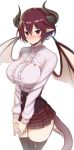  1girl absurdres black_legwear blush breasts center_frills commentary_request dragon_girl dragon_horns dragon_tail dragon_wings frills granblue_fantasy grea_(shingeki_no_bahamut) greatmosu hair_between_eyes highres horns large_breasts long_sleeves looking_at_viewer manaria_friends miniskirt pointy_ears purple_hair red_eyes shingeki_no_bahamut shirt short_hair simple_background skirt solo tail thigh-highs v_arms white_background white_shirt wings 