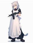  animal_ears apron blue_eyes cat_ears cat_tail commentary full_body gloves gun highres holding holding_gun holding_weapon maid maid_apron original silver_hair tail trigger_discipline weapon weapon_request white_background white_gloves wozora 