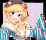  1girl :d bangs black_gloves black_hat blonde_hair blue_eyes breasts choker cleavage collarbone eyebrows_visible_through_hair fingerless_gloves floral_print flower fur-trimmed_kimono fur_trim gloves hat hat_flower head_tilt idolmaster idolmaster_cinderella_girls japanese_clothes jewelry kimono long_hair long_sleeves looking_at_viewer medium_breasts mio_(mgr300) nail_polish necklace obi ootsuki_yui open_mouth parted_bangs pink_hat print_kimono red_flower red_nails rose sash smile solo sparkle striped striped_kimono upper_body wide_sleeves 