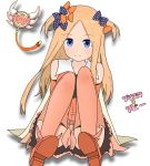  1girl abigail_williams_(fate/grand_order) alternate_color ass atsumisu bangs bare_shoulders black_bow blue_eyes blush boots bow brown_footwear brown_legwear brown_skirt closed_mouth collarbone commentary_request cosplay detached_sleeves eyebrows_visible_through_hair fate/grand_order fate/kaleid_liner_prisma_illya fate_(series) forehead green_shirt hair_bow highres kaleidostick long_hair orange_bow orange_sleeves parted_bangs polka_dot polka_dot_bow prisma_illya prisma_illya_(cosplay) shirt shoe_soles skirt smile solo star thigh-highs thigh_boots translation_request two_side_up very_long_hair white_background 