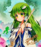  1girl blush breasts broom detached_sleeves eyebrows_visible_through_hair frog frog_hair_ornament green_eyes green_hair hair_ornament hair_tubes kochiya_sanae long_hair medium_breasts midriff nontraditional_miko qqqrinkappp shikishi signature snake_hair_ornament solo straight_hair touhou traditional_media tree upper_body wide_sleeves 
