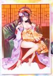  1girl absurdres alternate_costume ankle_ribbon artist_name bare_legs barefoot bell black_hair breasts carnelian cleavage couch feet floral_print full_body fusou_(kantai_collection) headdress highres japanese_clothes jingle_bell kantai_collection kimono large_breasts long_hair looking_at_viewer off_shoulder oiran red_eyes ribbon scan sitting smile solo very_long_hair 