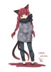  1girl alternate_costume animal_ear_fluff animal_ears bangs black_footwear black_scarf blunt_bangs braid casual cat_ears cat_tail commentary_request contemporary eyebrows_visible_through_hair full_body grey_pants grey_sweater head_tilt highres kaenbyou_rin long_hair long_sleeves looking_at_viewer multiple_tails nekomata pants plaid plaid_pants pointy_ears red_eyes redhead scarf shoes signature simple_background sleeves_past_wrists smile solo standing sweater tail touhou toutenkou translation_request twin_braids twintails two_tails unmoving_pattern very_long_hair white_background 