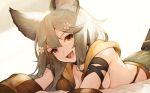  1girl :d animal_ears bangs bare_shoulders black_choker breasts choker commentary_request erune fangs flower granblue_fantasy grey_hair hair_between_eyes hair_flower hair_ornament head_tilt highres koretsuki_azuma long_hair looking_at_viewer lying medium_breasts on_stomach open_mouth red_eyes sen_(granblue_fantasy) sideboob smile solo teeth white_background white_flower 