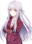  1girl azami194 bangs black_gloves blush braid breasts commentary_request dangan_ronpa dangan_ronpa_1 dangan_ronpa_3 eyebrows_visible_through_hair formal gloves hair_ornament hair_ribbon jacket kirigiri_kyouko long_hair long_sleeves looking_at_viewer medium_breasts purple_hair red_jacket red_skirt ribbon shirt side_braid simple_background skirt smile solo upper_body violet_eyes white_background white_ribbon white_shirt 