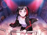 1girl bang_dream! black_hair black_jacket blush collar dress looking_at_viewer mitake_ran official_art red_eyes short_hair solo sparkle stage_lights