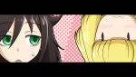  2girls bags_under_eyes bangs blush green_eyes ichikawa_masahiro kuroki_tomoko letterboxed multiple_girls open_mouth polka_dot polka_dot_background rotational_symmetry sweatdrop triangle_mouth uchi_emiri upside-down watashi_ga_motenai_no_wa_dou_kangaetemo_omaera_ga_warui! wavy_mouth |_| 