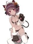  1girl ahoge animal_ears ass_visible_through_thighs bangs bare_arms bare_shoulders bell bikini black_bikini black_choker black_ribbon blush breasts brown_hair cat_ears cat_girl cat_paws cat_tail choker closed_mouth collarbone commentary_request eyebrows_visible_through_hair front-tie_bikini front-tie_top gin00 gloves hair_bell hair_ornament hair_ribbon halter_top halterneck hand_up headdress highres jingle_bell looking_at_viewer maid_headdress navel original paw_gloves paw_shoes paws red_eyes ribbon shoes short_hair side-tie_bikini simple_background skindentation small_breasts solo stomach swimsuit tail thigh-highs v-shaped_eyebrows white_background white_legwear 
