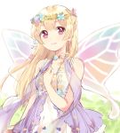  1girl bang_dream! bangs blonde_hair clenched_hand cross-laced_clothes dress fairy_wings flower flower_necklace half_updo hand_on_own_chest head_wreath highres jewelry komachi_narota long_hair looking_at_viewer necklace parted_lips shawl shirasagi_chisato solo violet_eyes wings 