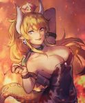  1girl arm_up bare_shoulders black_nails blonde_hair blue_eyes bowsette bracelet breasts cleavage collar covered_navel crown dress earrings fire highres horns jewelry large_breasts long_hair looking_at_viewer super_mario_bros. nail_polish new_super_mario_bros._u_deluxe nintendo pointy_ears ponytail sharp_teeth shell sidelocks solo spiked_bracelet spiked_collar spikes standing stariwei super_crown tail teeth twitter_username upper_body 