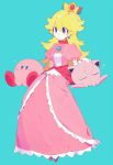 1girl 2others blonde_hair closed_eyes creatures_(company) crown dress earrings full_body game_freak gen_1_pokemon hal_laboratory_inc. hand_on_another&#039;s_head higa423 highres hoshi_no_kirby jewelry jigglypuff kirby kirby_(series) long_dress long_hair looking_to_the_side nintendo petting pink_dress pokemon princess_peach simple_background sitting sleeping sleepy sora_(company) super_mario_bros. super_smash_bros. super_smash_bros_melee teal_background