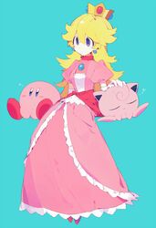 1girl 2others blonde_hair closed_eyes creatures_(company) crown dress earrings full_body game_freak gen_1_pokemon hal_laboratory_inc. hand_on_another&#039;s_head higa423 highres hoshi_no_kirby jewelry jigglypuff kirby kirby_(series) long_dress long_hair looking_to_the_side nintendo petting pink_dress pokemon princess_peach simple_background sitting sleeping sleepy sora_(company) super_mario_bros. super_smash_bros. super_smash_bros_melee teal_background