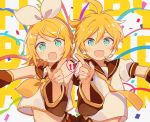  +_+ 1boy 1girl 2018 4_(nakajima4423) anniversary aqua_eyes birthday blonde_hair blush bow brother_and_sister confetti crop_top detached_sleeves english_text fang hair_bow hair_ornament hairclip happy_birthday headset heart heart_of_string highres index_finger_raised kagamine_len kagamine_rin looking_at_viewer midriff navel open_mouth sailor_collar short_hair short_ponytail siblings smile symbol-shaped_pupils twins vocaloid 