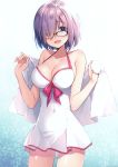  1girl :d absurdres bangs bare_shoulders black-framed_eyewear blush breasts cleavage collarbone covered_navel cowboy_shot dress eyebrows_visible_through_hair fate/grand_order fate_(series) glasses gradient gradient_background hair_over_one_eye hands_up highres holding holding_towel large_breasts looking_at_viewer mash_kyrielight masuishi_kinoto open_mouth purple_hair scan shiny shiny_hair shiny_skin short_dress short_hair simple_background smile solo swimsuit swimsuit_of_perpetual_summer tareme towel violet_eyes white_dress white_swimsuit white_towel 