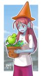  1girl absurdres ahoge blue_skin bow buernia forehead_scar hair_bow hair_ornament highres long_hair minamoto_sakura open_mouth peashooter_(pvz) plant plants_vs_zombies polka_dot polka_dot_bow potted_plant red_eyes redhead shirt side_ponytail t-shirt zombie zombie_land_saga 