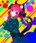  1girl animal_ears bow braid cat_ears cat_tail dress eyebrows_visible_through_hair frilled_sleeves frills hair_bow hair_ribbon kaenbyou_rin looking_at_viewer multiple_tails open_mouth patterned_background paw_pose red_eyes redhead ribbon short_hair_with_long_locks slit_pupils solo tail touhou tress_ribbon twin_braids two_tails wide_sleeves yuujin_(mhhnp306) 