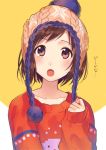  1girl :o bang_dream! bangs beanie blush brown_eyes brown_hair clenched_hand collarbone hand_up hat hazawa_tsugumi pom_pom_(clothes) print_sweater red_sweater sakaki_kayumu short_hair sleeves_past_wrists solo sweatdrop sweater translation_request upper_body winter_clothes yellow_background 
