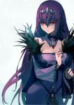  1girl blurry breasts circlet cleavage depth_of_field detached_collar dress eyebrows_visible_through_hair fate/grand_order fate_(series) gradient gradient_background hair_between_eyes hair_ribbon long_hair long_sleeves medium_breasts parted_lips purple_dress purple_hair red_eyes ribbon scathach_(fate)_(all) scathach_skadi_(fate/grand_order) sidelocks simple_background solo strapless strapless_dress very_long_hair walzrj 
