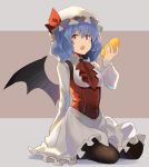  1girl alternate_costume apron ascot bangs bat_wings black_legwear blue_hair brown_background commentary_request dress eyebrows_visible_through_hair food frilled_apron frills grey_background hair_between_eyes hand_up hat hat_ribbon highres holding holding_food long_sleeves looking_at_viewer mob_cap open_mouth pantyhose pinafore_dress red_dress red_eyes red_neckwear red_ribbon remilia_scarlet ribbon rin_falcon seiza shadow shirt sitting solo thighs touhou two-tone_background waist_apron white_apron white_hat white_shirt wings 