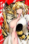  1girl animal animal_ears animal_print bangs breasts breasts_apart brown_hair closed_mouth collarbone collared_shirt extra_ears eyebrows_visible_through_hair gloves groin hair_between_eyes hand_on_own_cheek hand_up highres kemono_friends large_breasts looking_at_viewer medium_hair multicolored_hair navel no_bra notora open_clothes open_shirt orange_hair print_gloves red_eyes shirt sidelocks smile stomach streaked_hair tail tiger tiger_(kemono_friends) tiger_ears tiger_print tiger_tail two-tone_hair upper_body white_shirt wing_collar yellow_eyes 