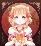  1girl animal animal_ears bangs black_kimono blonde_hair blue_bow blush boar bow brown_eyes chinese_zodiac commentary_request eyebrows_visible_through_hair floral_print flower fur_collar hair_bow hair_flower hair_ornament japanese_clothes kimono looking_at_viewer original parted_lips print_kimono red_flower runamochi signature solo striped striped_bow upper_body year_of_the_pig 