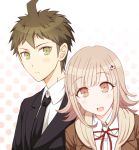  1boy 1girl ahoge azami194 bangs black_neckwear black_suit blush brown_jacket dangan_ronpa dangan_ronpa_3 dot_nose flipped_hair formal hair_ornament hairclip hinata_hajime jacket light_brown_hair nanami_chiaki necktie open_clothes open_jacket open_mouth pink_eyes red_neckwear red_ribbon ribbon shirt short_hair suit upper_body white_shirt 